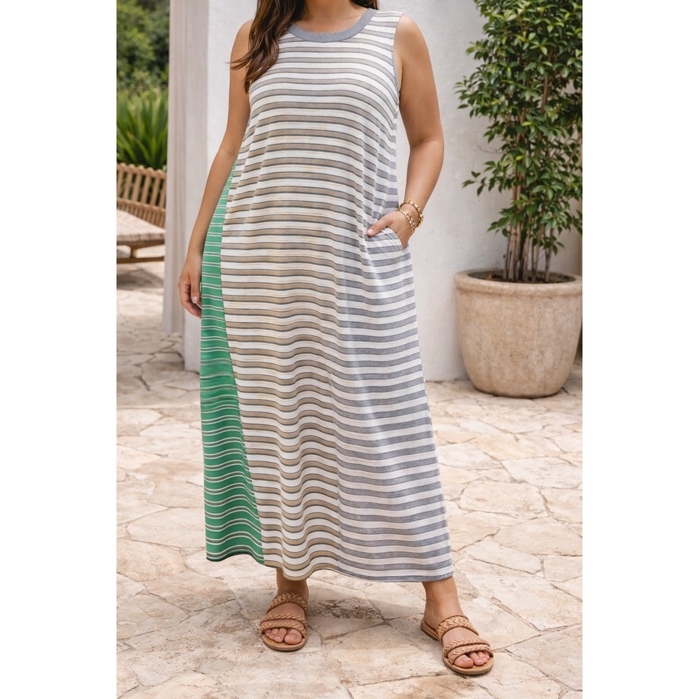 Doe & Rae Oversized Small Maxi T-Shirt Dress Green Striped Sleeveless‎ Pockets